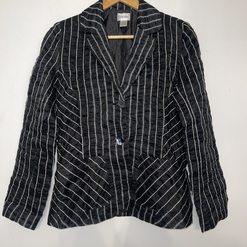 Chicos Size 1 Blazer Black White Pinstripe Linen Blend Jacket Womens